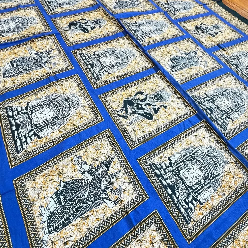 Vintage Suraj Mukhi Fabric Remnant Blue Hindu Motif Cotton Textile
